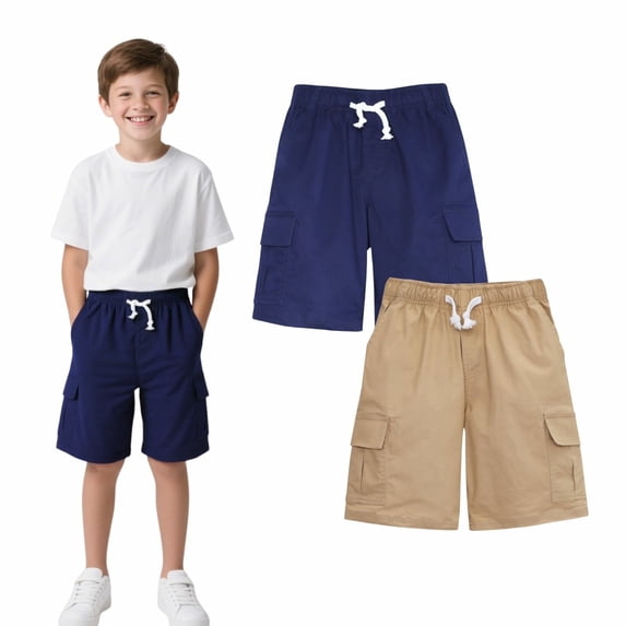 HILEELANG 2PC Kids Boy Uniform Pull on Cargo Jogger Shorts NavyKhaki Cotton Stretch Chino School Shorts 15-16Years