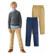 HILEELANG 2PC Teen Boys Girls School Uniform Pants Khaki Navy Blue Kids Wrinkle-Free Dress Slacks Elastic Back Waist Classic Fit Pull-On Trousers for Students11-12Years