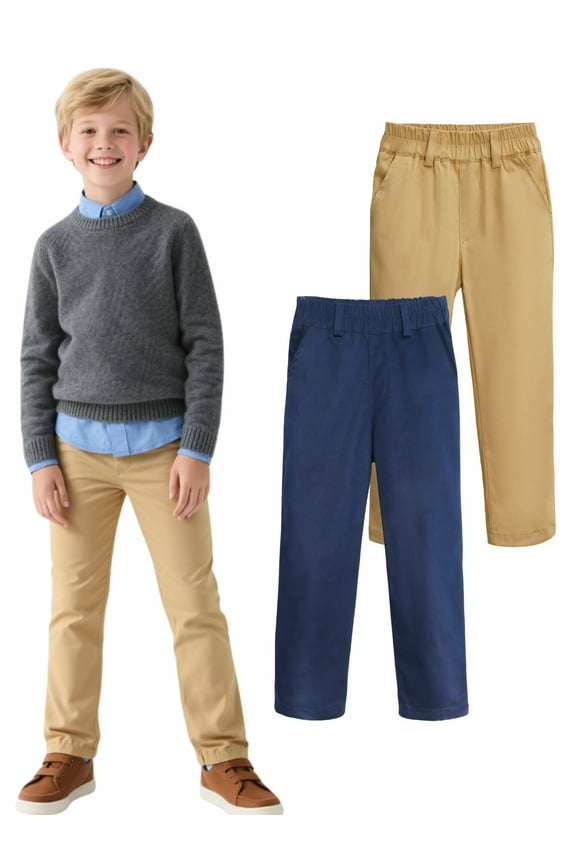 2PC Teen Boys Girls School Uniform Pants Khaki Navy Blue Kids Wrinkle-Free Dress Slacks Elastic Back Waist Classic Fit Pull-On Trousers for Students11-12Years