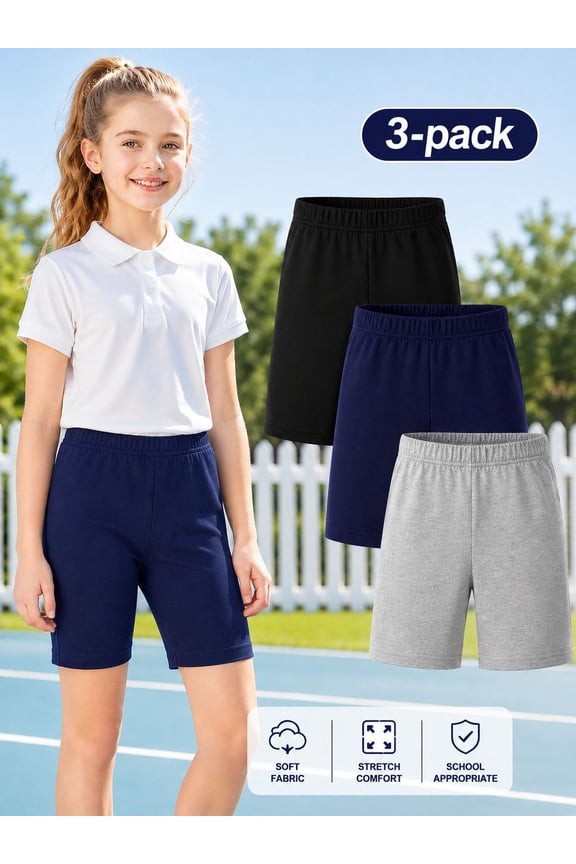 3–13 Years Girls Biker Shorts 3 Pack Cotton Spandex Shorts for Girls Under Dress Soft Stretch Kids Black Navy Grey