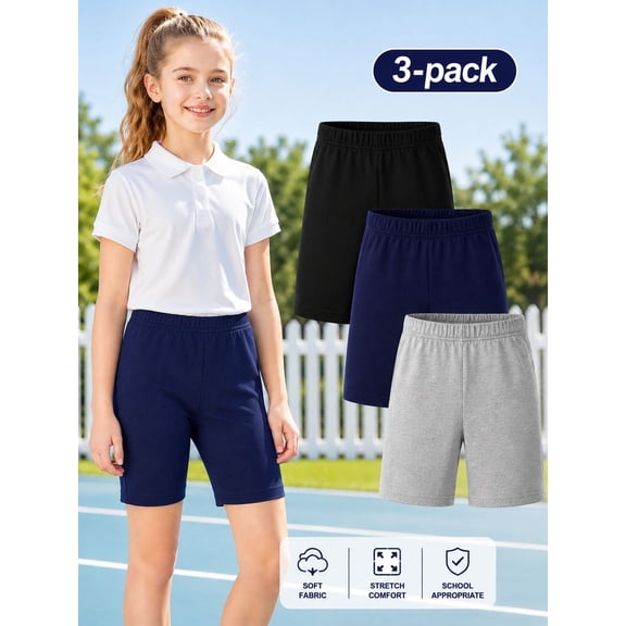 HILEELANG Girls Biker Shorts 3-Pack, Cotton Stretch Under Dress Shorts, Black Navy and Heather Gray, 3-13Y