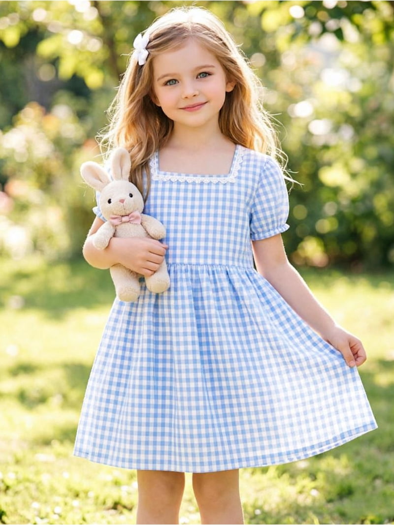 girls blue gingham dress Hileelang 100% Cotton Square Neck Dress, Flutter Sleeve Twirl with Back Bow, 3-13y, Girl's, Size: 8-9Y Baltic Born Womens Sandra Cocktail Length and a fully lined Fabric:Lace / Satin