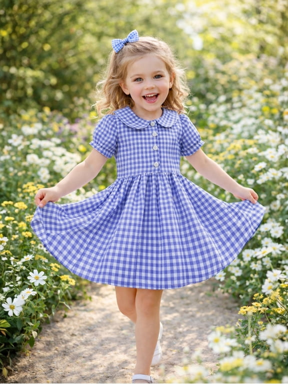 Girls 100% Cotton Navy Gingham Dress, Flutter Sleeve Twirl Dress with Back Bow and Lace Hem, 3-13Y
