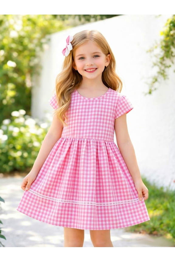 3-13T Little/Big Girls Pink Gingham 100% Cotton Dress Size 6-7T