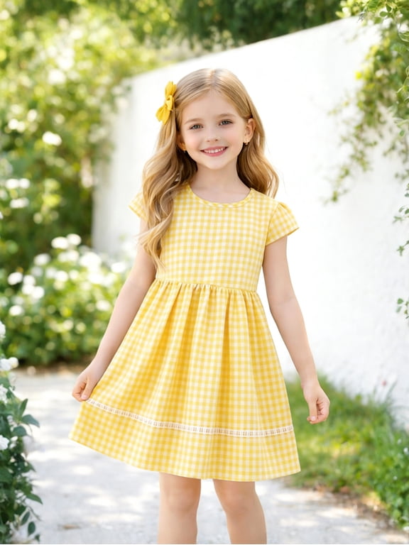 Girls 100% Cotton Yellow Gingham Dress, Flutter Sleeve Twirl Dress with Back Bow and Lace Hem, 3-13Y