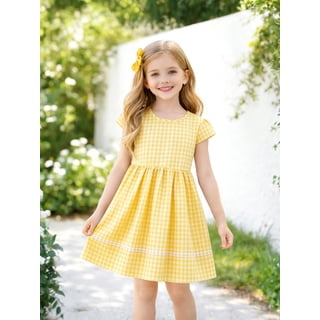 HILEELANG Girls 100% Cotton Yellow Gingham Dress, Flutter Sleeve Twirl Dress with Back Bow and Lace Hem, 3-13Y