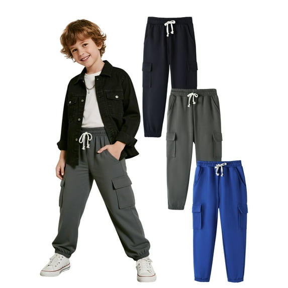 HILEELANG 3-Pack Boys' Sweatpants 5-15 Years Black/Charcoal/Blue Elastic Waist Pants 9-10T