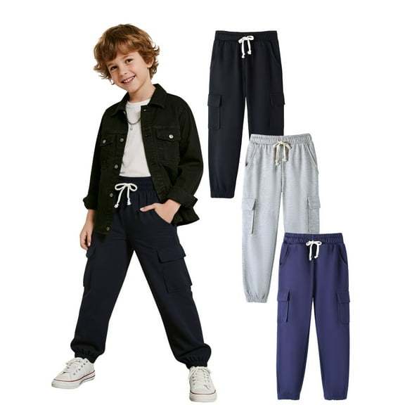 HILEELANG 3-Pack Boys' Sweatpants 5-15 Years Navy/Gray/Black Cotton Blend Kids Pants School Wear 9-10T