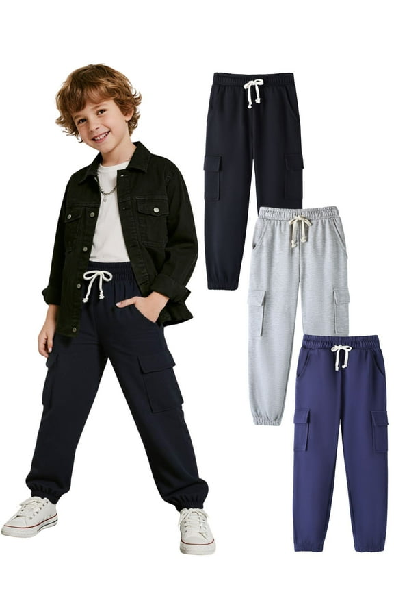 3-Pack Boys' Sweatpants 5-15 Years Navy/Gray/Black Cotton Blend Kids Pants School Wear 9-10T