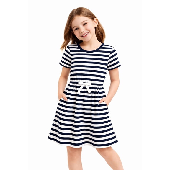 HILEELANG Girls Navy White Striped Short Sleeve Dress with Waist Tie and Pockets, Casual School Dress, 4-13Y