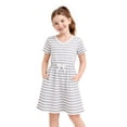 thumbnail image 1 of HILEELANG 4–13 Little/Big Girls Gray White Stripe V-Neck Short Sleeve Dress with Waist Tie Size 6-7, 1 of 8
