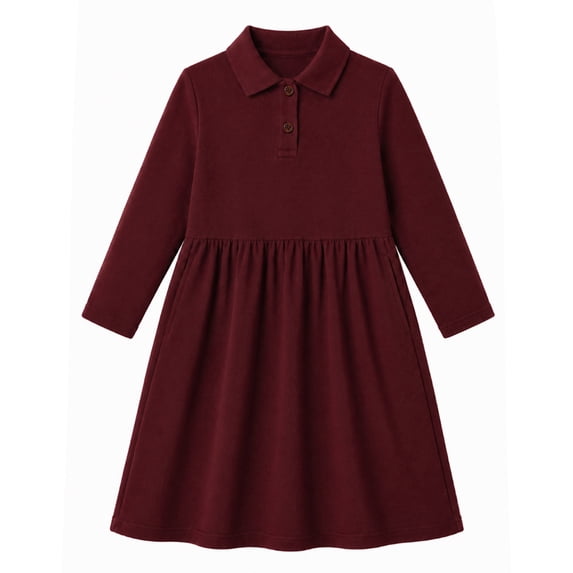 HILEELANG 4-13Y Girls Long Sleeve Polo Dress School Uniform Dress with Pockets Cotton Blend Pique Collared Dress Burgundy,10-11Y