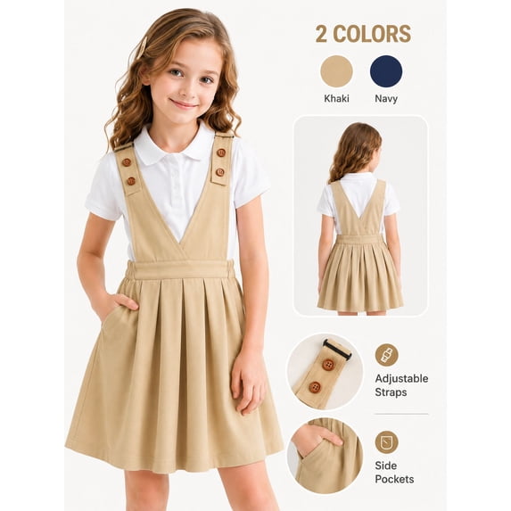 HILEELANG Girls School Uniform Jumper Dress, Adjustable Strap Pinafore Dress with Pockets for Little Big Girls 4-13Y Khaki