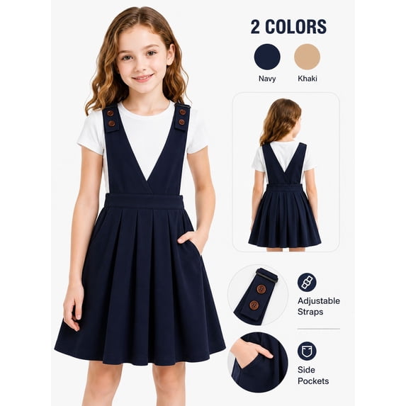 HILEELANG Girls School Uniform Jumper Dress, Adjustable Strap Pinafore Dress with Pockets for Little Big Girls 4-13Y Navy