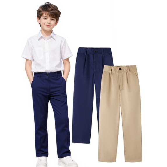 HILEELANG 4-15 Little/Big Boys and girls Chino Pants Straight Leg Button Front Twill School Uniform Everyday Wear Navy Khaki 2 Pack,Size 4-5T