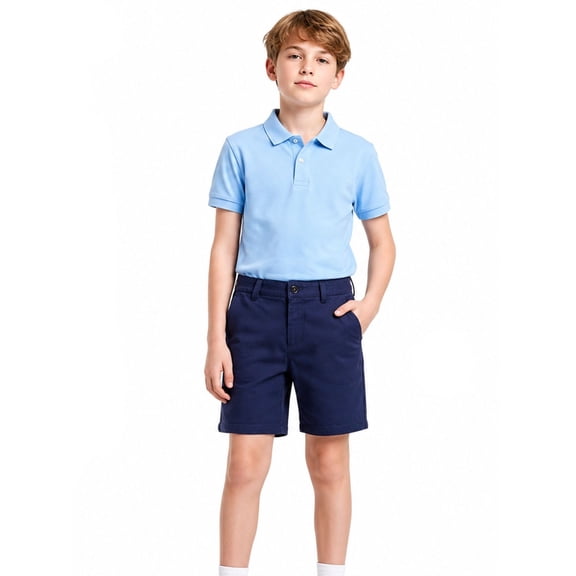 HILEELANG Boys School Uniform Navy Chino Shorts, Elastic Waist, 5-15 Years
