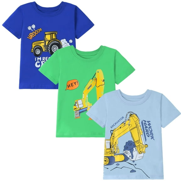 HILEELANG Baby Boy Summer Short Sleeve Tees Blue Excavator Shirts Cotton Casual Graphic Crewneck Construction T Shirts 3PC 2T