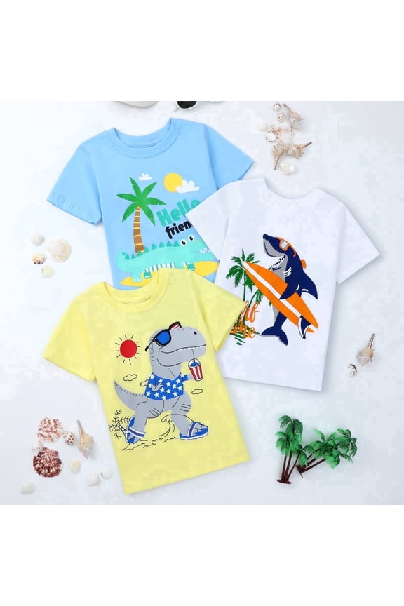 2-7T Toddler Little Boys 3-Pack T-Shirts Dinosaur Shark Surf Graphic 100% Cotton Short Sleeve Summer Tees Blue Yellow White 2T 3T 4T 5T 6T 7T