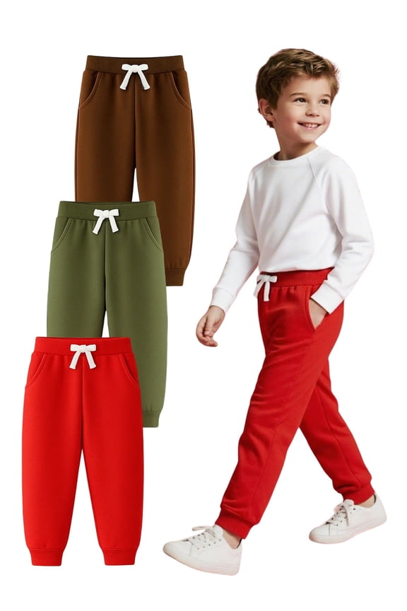 Baby Boys Cotton Jogger Sweatpants 3 Pack, Red Brown Green Soft Elastic Waist Playwear Sport Pants with Pockets, Sizes 18M