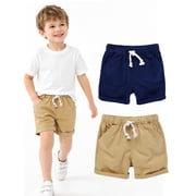 HILEELANG Toddler Boys' Elastic Waist Drawstring Cotton Shorts, 2-Pack, Khaki and Navy Blue, 3T