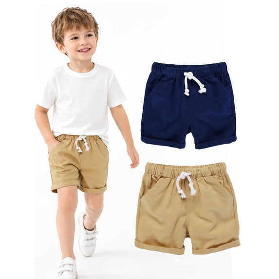 HILEELANG Toddler Boys' Elastic Waist Drawstring Cotton Shorts, 2-Pack, Khaki and Navy Blue, 3T