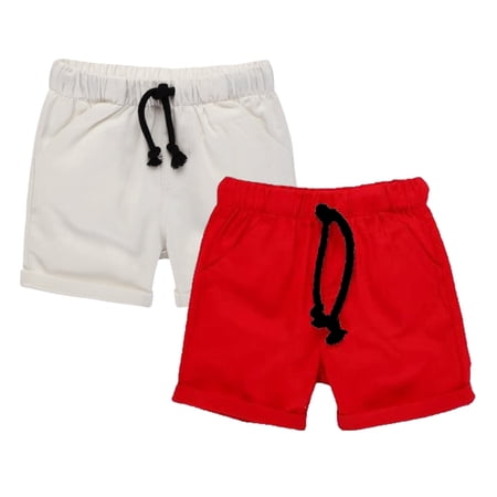 HILEELANG Little Boys' Shorts 2-Pack Chino Short Summer Cotton Casual Pants with Pockets White Red 7t