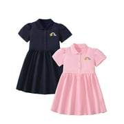 HILEELANG Baby Girls' Polo Collar Short Sleeve Dresses Rainbow Sun Embroidery Pink Navy Casual School Uniform Dress 2-Pack 2T
