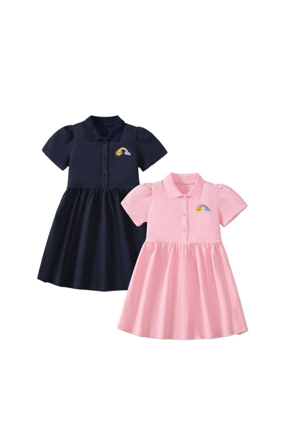 Baby Girls' Polo Collar Short Sleeve Dresses Rainbow Sun Embroidery Pink Navy Casual School Uniform Dress 2-Pack 2T