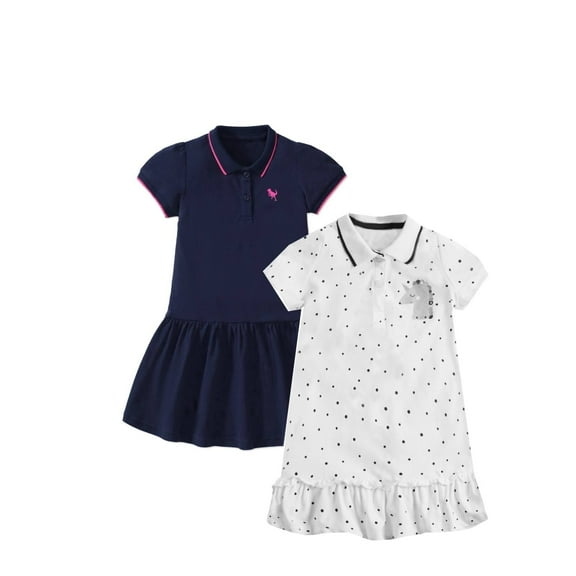 HILEELANG Baby Girls' Short Sleeve Polo Dresses Navy White Polka Unicorn Horse Embroidery Casual Summer School Uniform Dress 2-White 2T