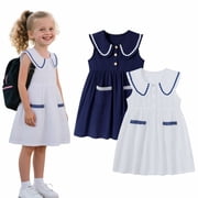 HILEELANG Toddler Little Girls 2 Pack Summer Dresses, Sleeveless Peter Pan Collar Sundress Set with Pockets, 2T-7T