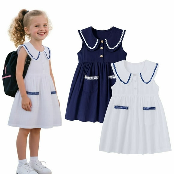2-Pack Toddler Girls School Dresses, Sleeveless Peter Pan Collar Uniform Dresses for Back to School, White & Navy, 2T–7T