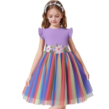 HILEELANG Toddler Little Girls Rainbow Tulle Dress, Floral Embroidered Flutter Sleeve Birthday Party Tutu Dress for Girls, 2-8T