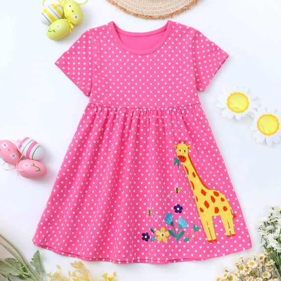 HILEELANG Toddler Girls Short Sleeve Dress Cotton Casual Pink Dot Giraffe Applique Jersey Shirt Playwear Dresses 2T