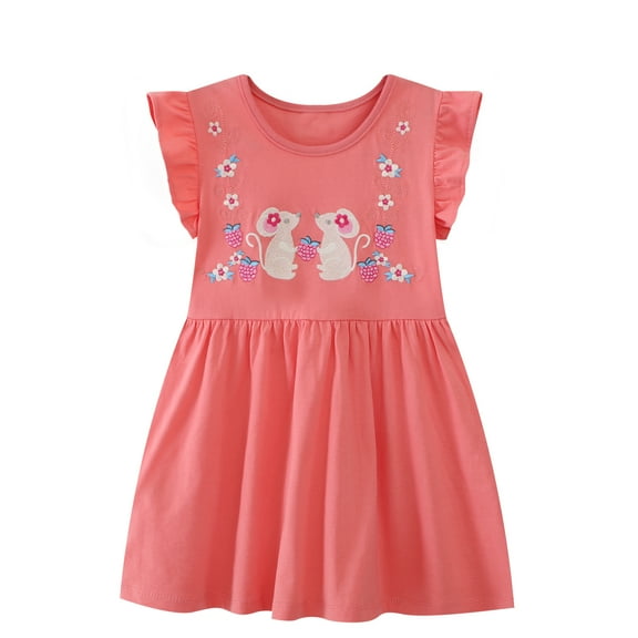 HILEELANG Baby Girls Short Sleeve Dress Cotton Casual Pink Flower Mouse Applique Jersey Shirt Playwear Dresses 2T