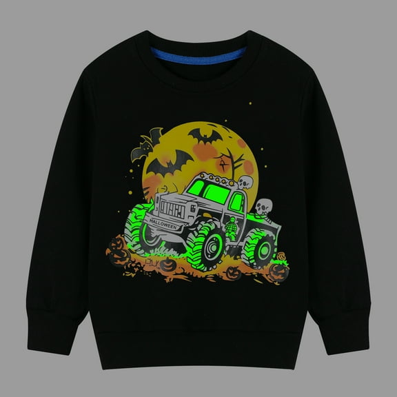 HILEELANG Big Boy Black Sweatshirts Halloween Skeleton Truck Graphic Glow in the Dark Crewneck Long Sleeve Pullover Cotton Top Sweater Shirts 12 Years