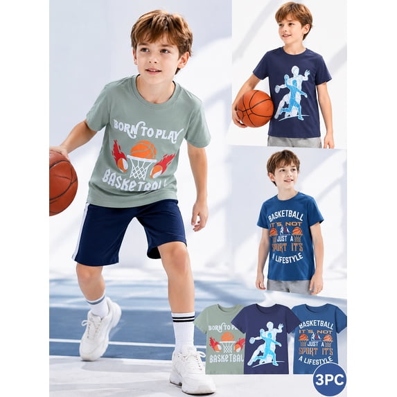HILEELANG Kids Boys T-Shirts 3 Pack, 100% Cotton Short Sleeve Tees for 6-12Y, Basketball & Soccer Sports Themed Summer Tops for Teen Boys