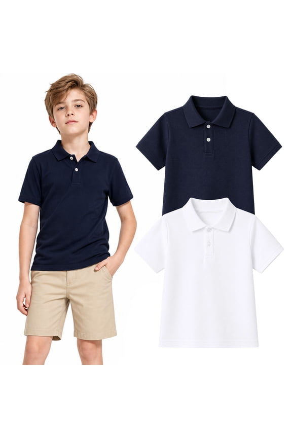 5-14 Years Boys Polo Shirts 2 Pack, White and Navy Short Sleeve School Uniform Shirts for Kids, Cotton Blend Collared Polo for Boys,9-10Y