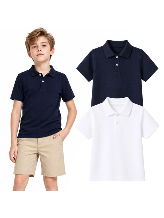 Boys School Uniform Polo Shirts, 2-Pack Short Sleeve Cotton Blend Pique Polos, Sizes 5-14