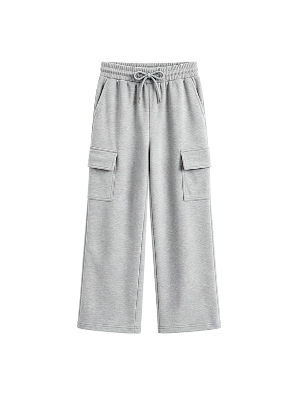 Kids Cargo Sweatpants for Boys and Girls, Wide Leg Drawstring Pants with Pockets , Light Heather Gray,Ages 8-9Y
