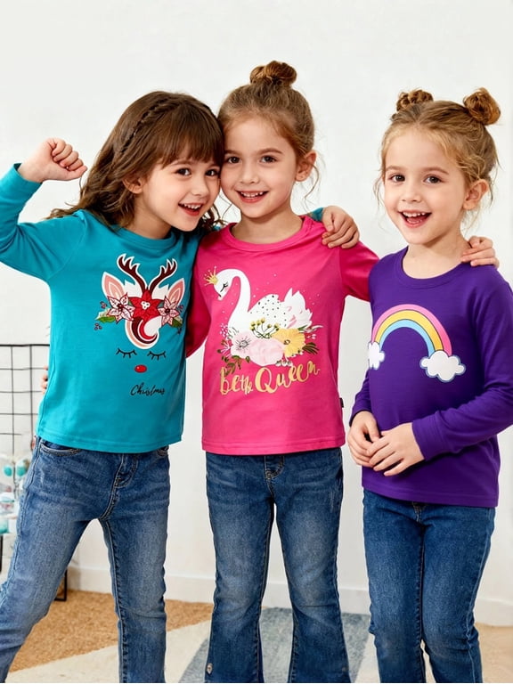 Girl Long Sleeve Shirts Tops Tees Cotton Casual Crewneck Graphic Unicorn Jersey Tunic T-Shirts 3 Packs Sets Size 10