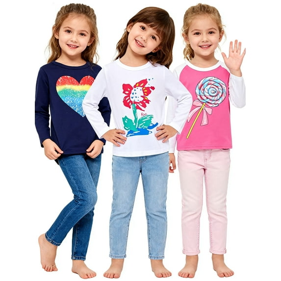 Girl Long Sleeve Shirts Cotton Casual Crewneck Graphic White Blue Pink Tunic T-Shirts 3 Packs Sets Size 10