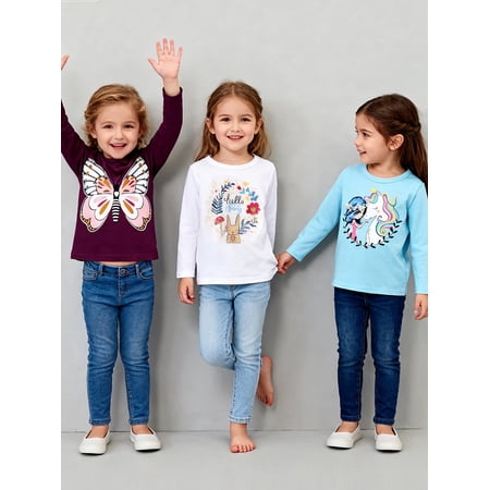 Girl Long Sleeve Shirts Tops Tees Cotton Casual Crewneck Graphic Unicorn Jersey Tunic T-Shirts 3 Packs Sets Size 10