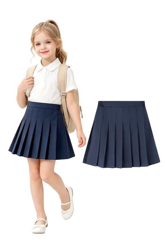 Big Girl School Uniform Pleated Scooter Skirt With Under Shorts Navy Blue Pull On Elastic Waist Skirt Size 8-10 Years