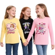 HILEELANG Big Girls' Long Sleeve Tee Shirt Cotton Crewneck Friends Graphic Tops T-Shirts Black Yellow Pink 3 Packs Sets 12Years