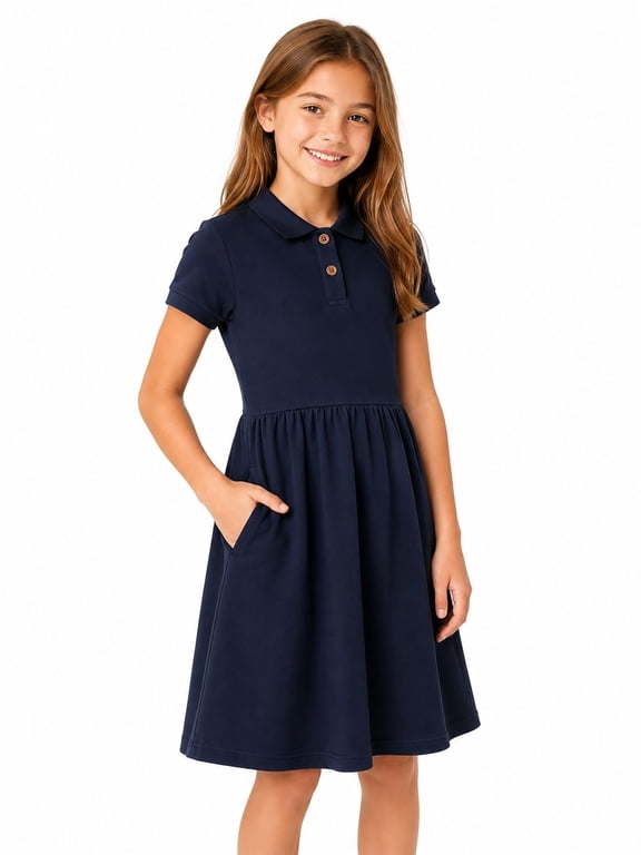 4-13T Big Girls' Navy Blue Short Sleeve Polo Dress with Pockets, School Uniform Casual Dress for Kids,10-11Y