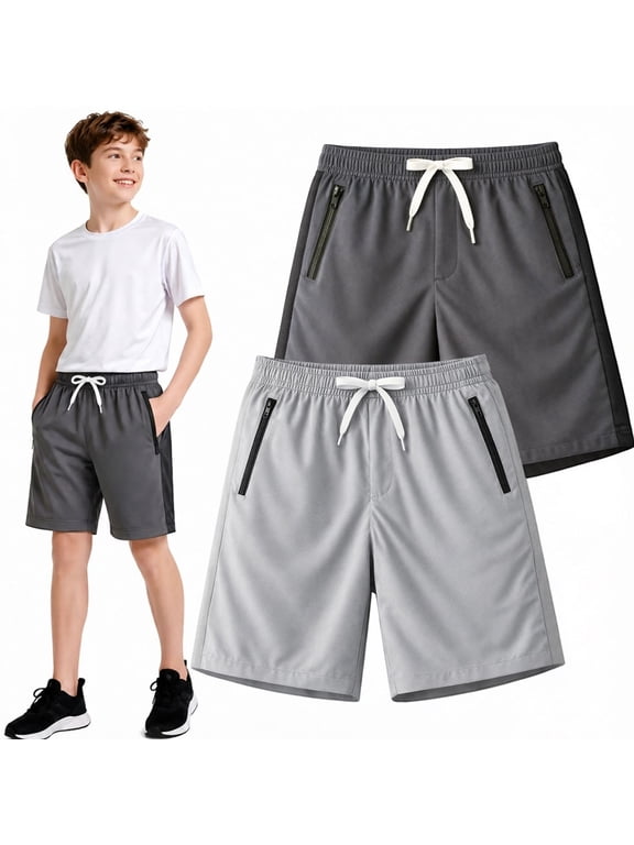 5-15T Boys 2-Pack Quick Dry Athletic Sweat Shorts, Elastic Waist Active Shorts with Zipper Pockets for Kids Youth