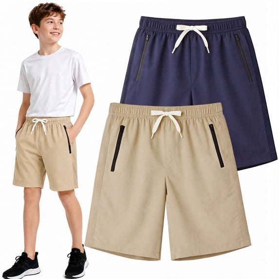 HILEELANG 5-15T Boys 2-Pack Quick Dry Athletic Sweat Shorts, Elastic Waist Active Shorts with Zipper Pockets for Kids Youth
