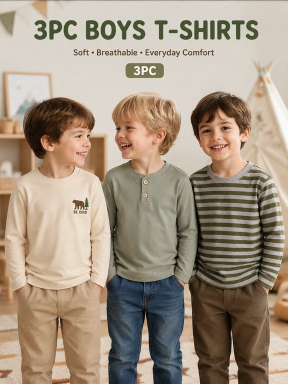 Boys Long Sleeve Shirts 3 Pack Cotton Tee Shirts Green Mix 2-7Y