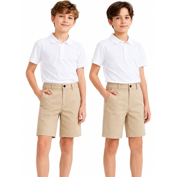 HILEELANG Boys School Uniform Khaki Chino Shorts 2 Pack, Elastic Waist, 5-15 Years