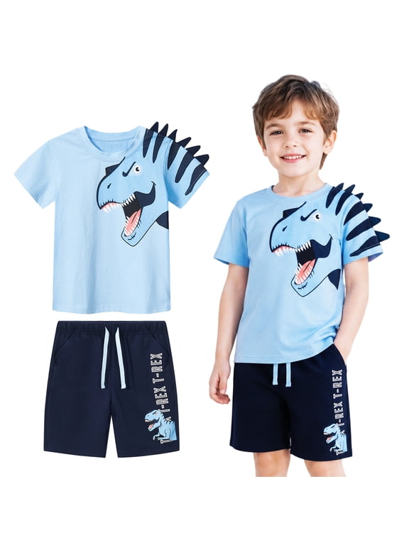 Toddler Dino Themed Cotton Short Sets - Blue Dinosaur Tee with Plaid Shorts for 2-7Years